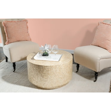 Linon Pomona Round Drum Coffee Table, Gold and Ivory Capiz Shell Finish