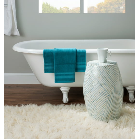 Linon Prescott Indoor Drum Accent Table, 19.75" Tall, Blue/White Capiz Shell