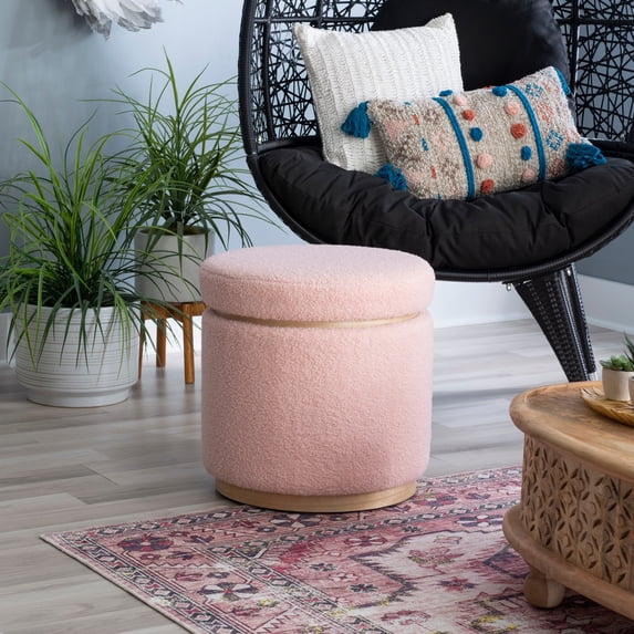 Linon Primrose Storage Ottoman Stool, Natural Finish with Blush Sherpa Fabric
