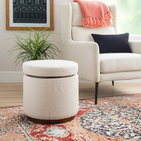 Linon Primrose Storage Ottoman Stool, Walnut Finish with Natural Sherpa Fabric