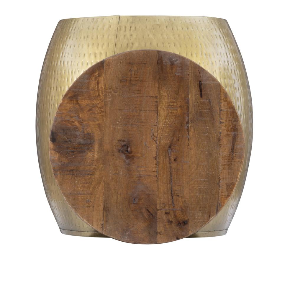Rustic Gold Hammered Metal & Wood Round Drum Side Table