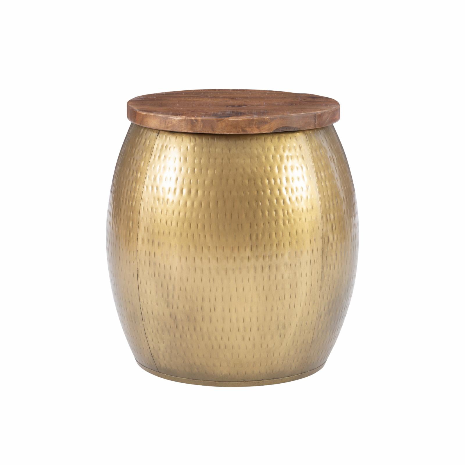 Rustic Gold Hammered Metal & Wood Round Drum Side Table