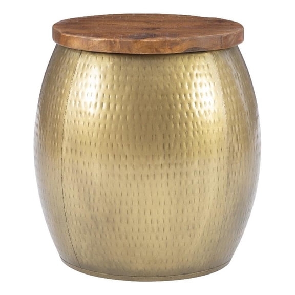 Linon Reid Metal and Wood Drum Side Table with Storage in Gold