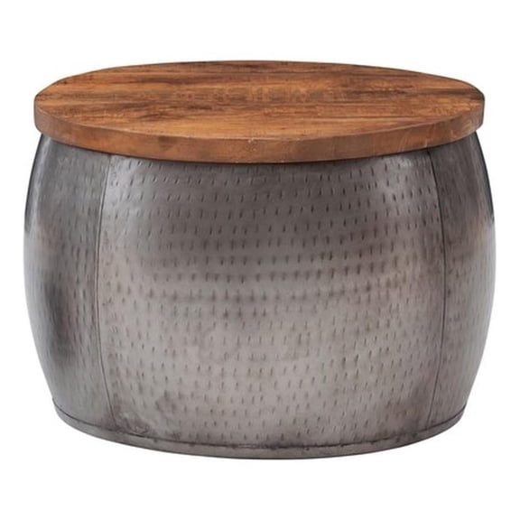 Linon Reid Small Wood and Metal Drum Table with Storage in Pewter