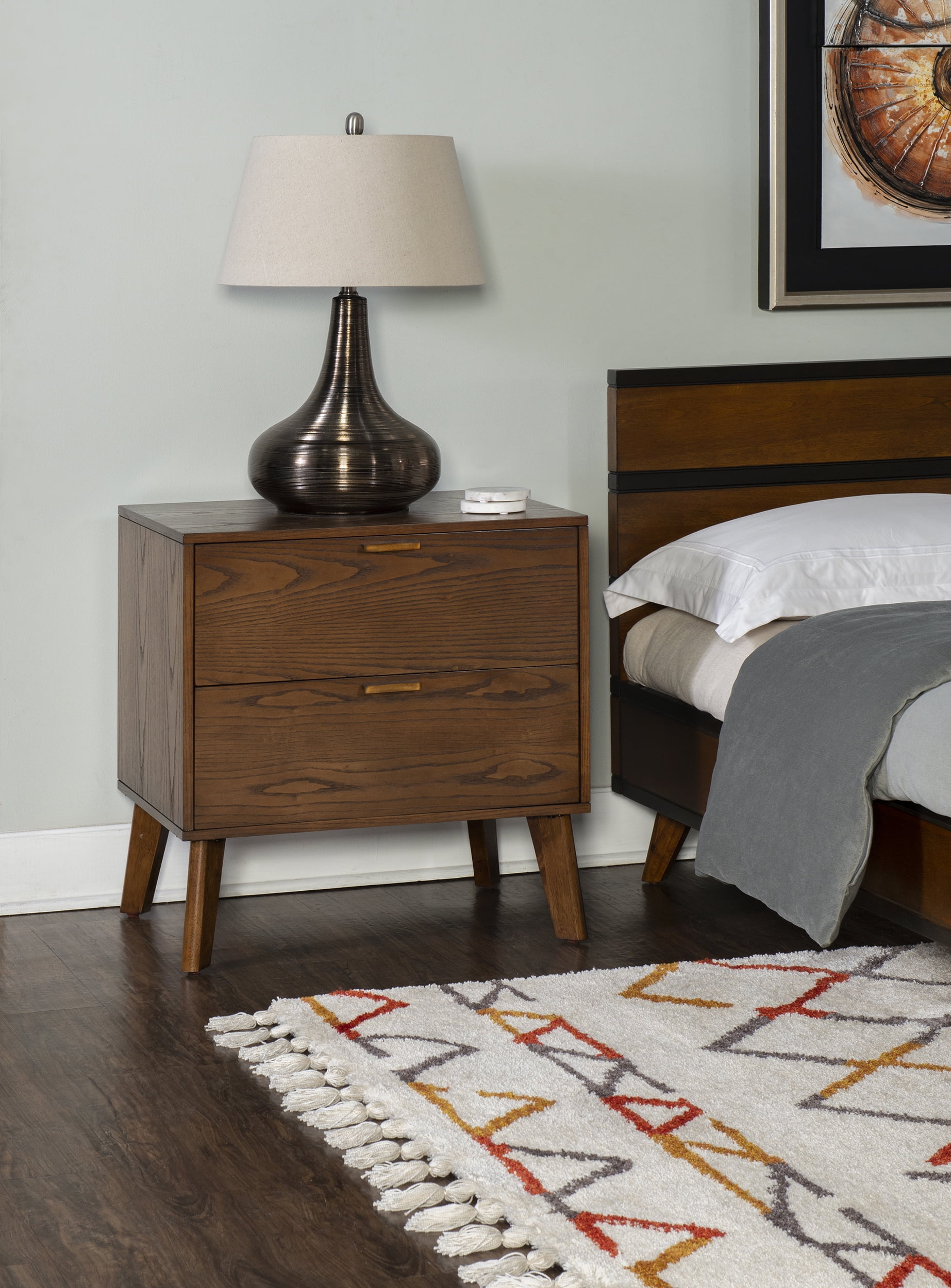 Reid Walnut 2 Drawer Mid-Century Modern Nightstand with Bronze Hardware