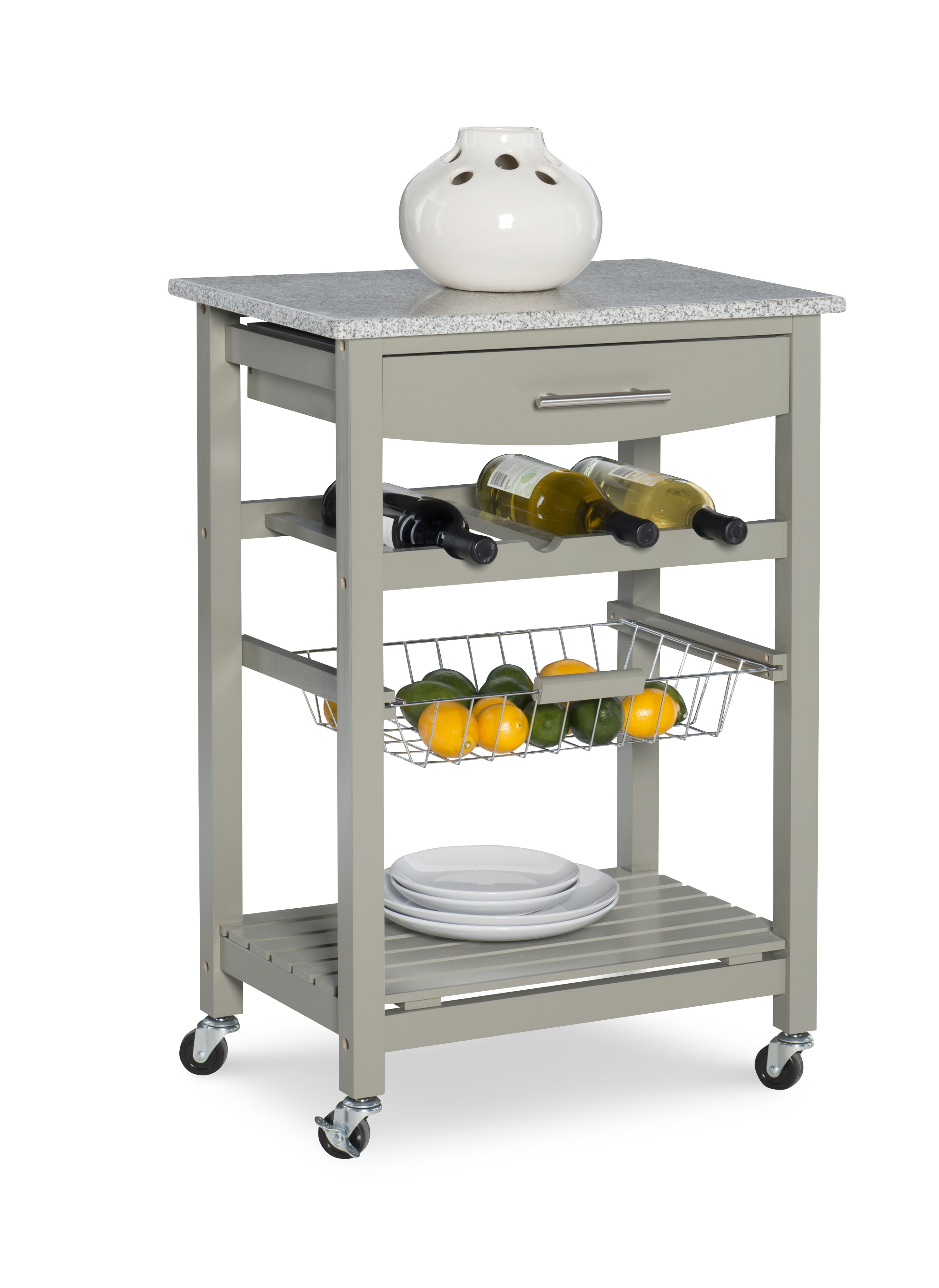Gray Granite Top Kitchen Cart with Wine and Spice Rack