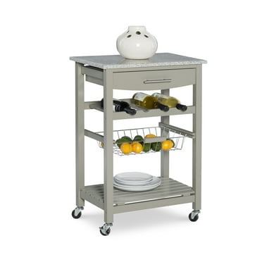 Linon Roger Kitchen Island Granite Top, Gray, with Castors