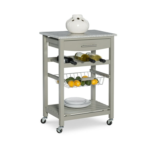 Linon Roger Kitchen Island Granite Top, Gray, with Castors