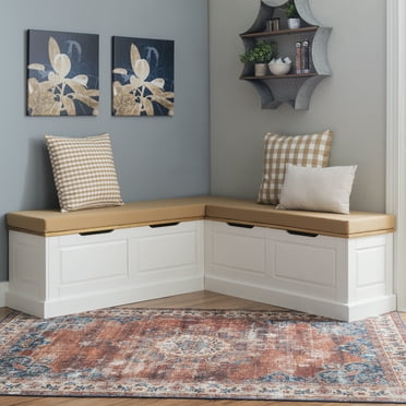 Linon Romero Backless Corner Nook with 5-Piece Cushion Set, Natural/White/Beige