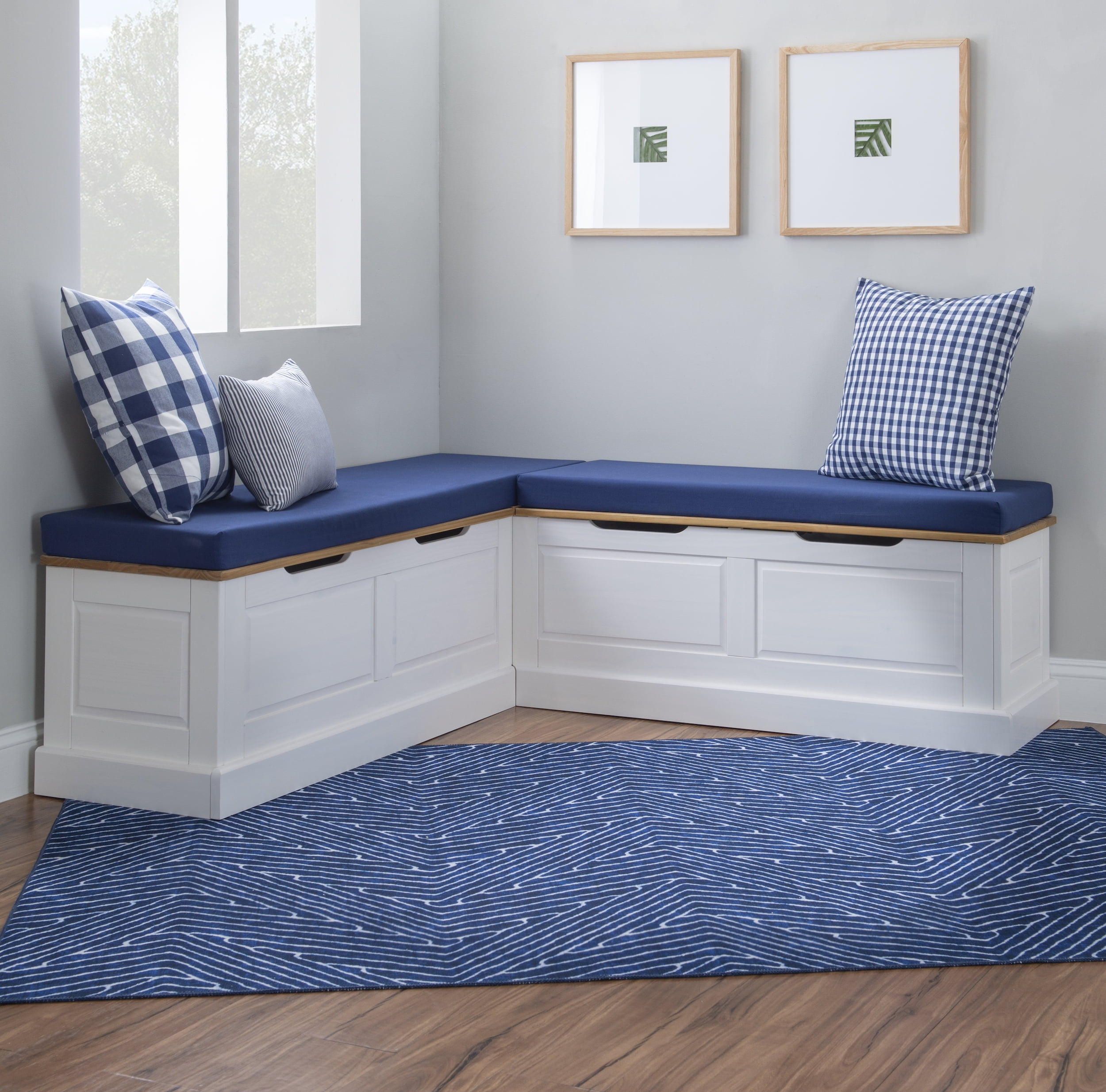 Linon Romero Backless Corner Nook with 5 Piece Cushion Set White Navy Walmart