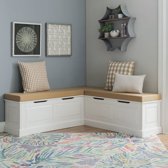 Linon Romero Backless Corner Nook with Storage, 5-Piece Cushion Set, White/Beige