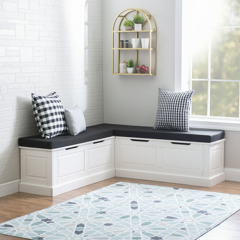 Linon Breakfast Seating Kitchen Storage Dining Nook with 5 Piece Cushion Set White Black Stripe