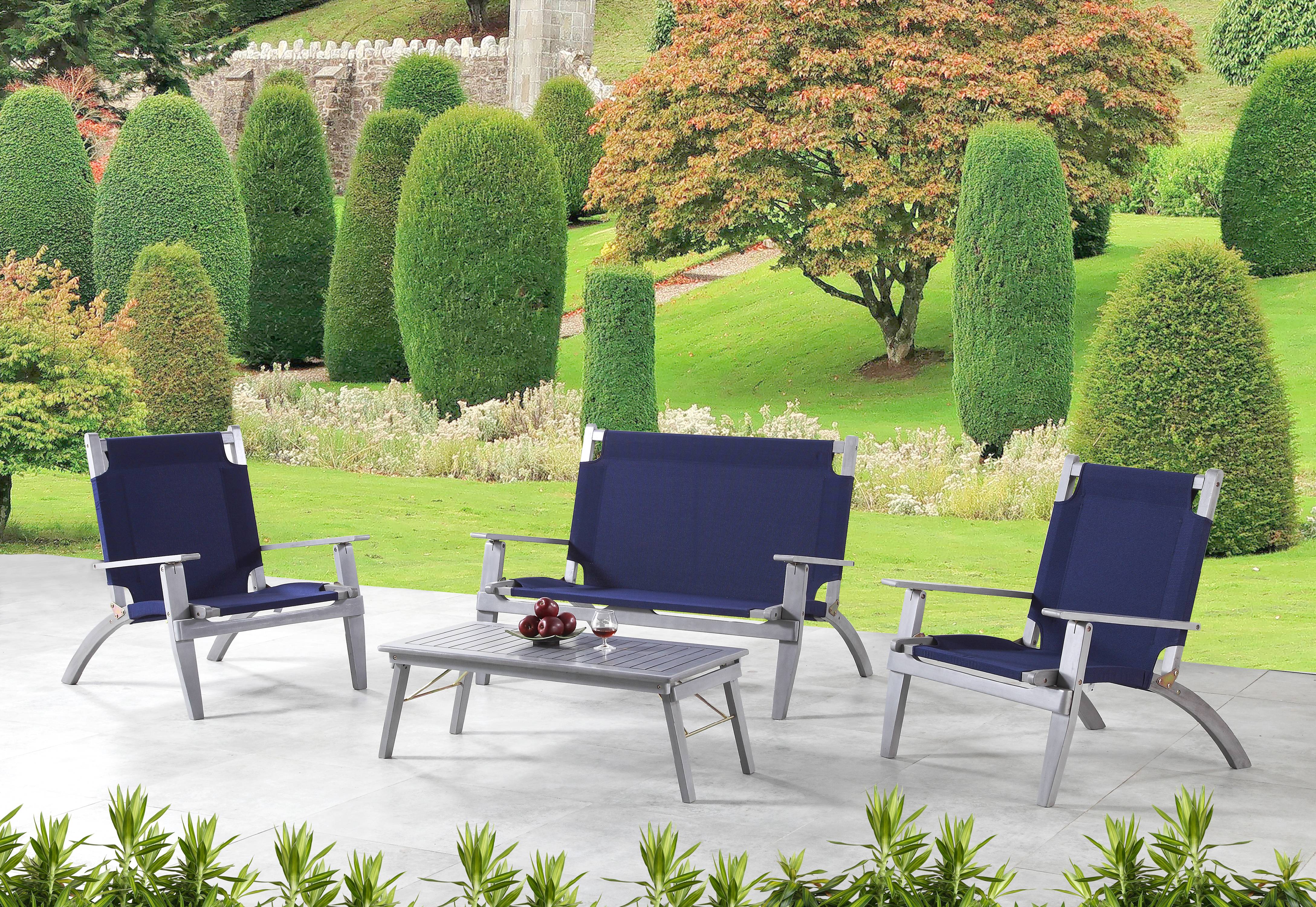 Linon Rosemary 4-Piece Acacia Outdoor Chat Set with Coffee Table, Loveseat & Chairs, Gray/Navy