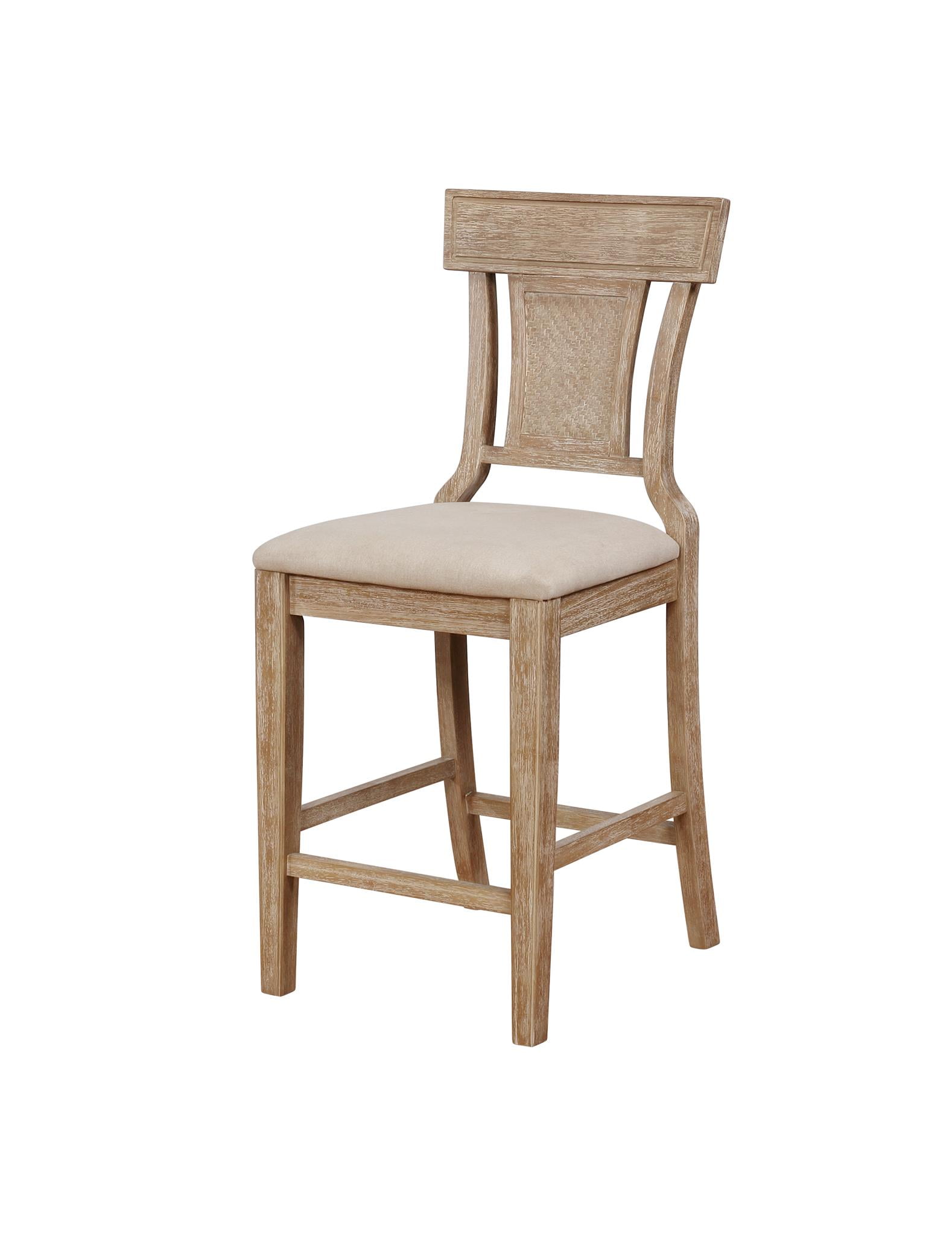 Rylan Rustic Graywash Solid Wood Counter Stool with Hand-Woven Back