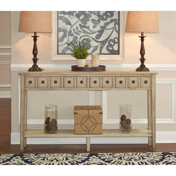 Linon Sadie Long Console Table with 4 Drawers and Shelf in Distressed Cream Wood