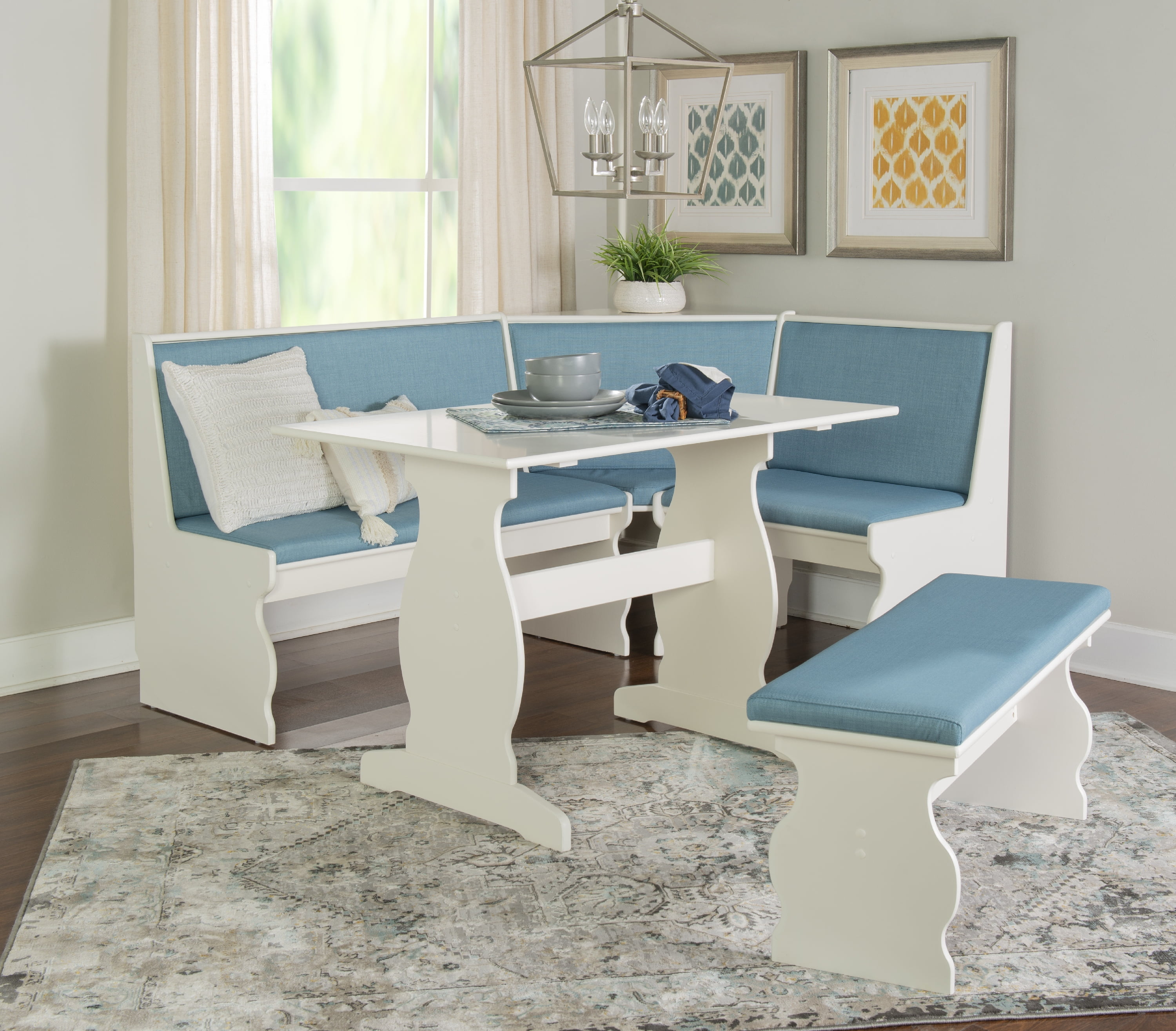 Linon Sasha 3-Piece Casual Indoor Corner Dining Nook , White/Capri Blue ...