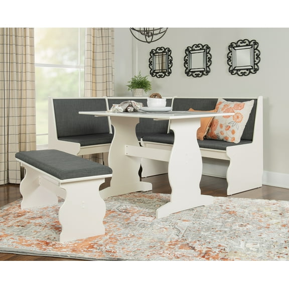 Linon Sasha Wood Corner Dining Breakfast Nook with Table, Cushions, Seats 5-6, White Wood with Charcoal Cushions