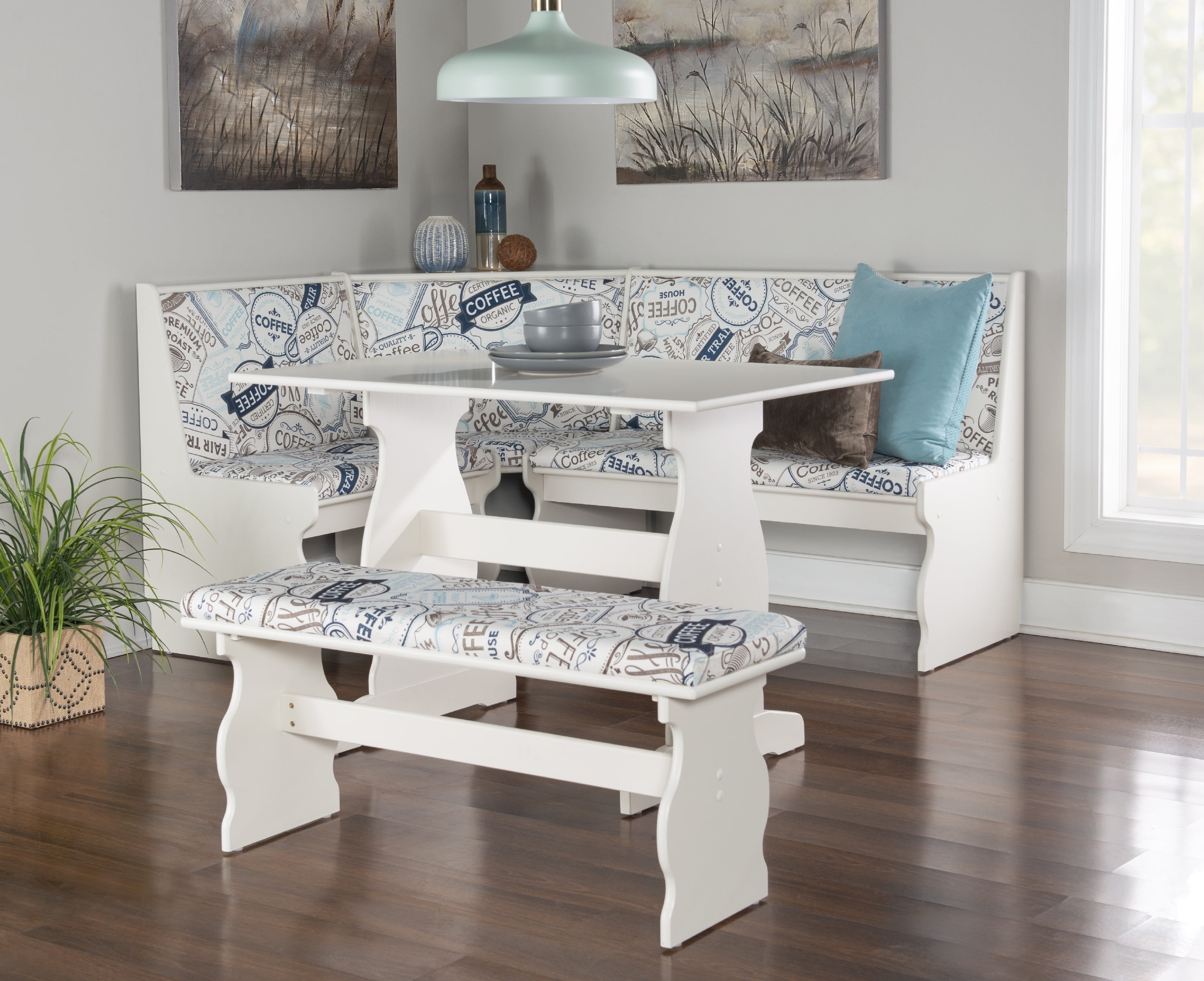 White Wood Breakfast Nook with Coffee Patterned Upholstery