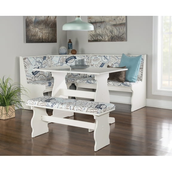 Linon Sasha Wood Corner Dining Breakfast Nook with Table, Cushions, Seats 5-6, White Wood with Coffee Patterned Cushions