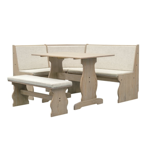 Linon Sasha Indoor Farmhouse Corner Dining Breakfast Nook with Table, Bench and Cushion Set, Seats 5-6, Natural/Beige Linen