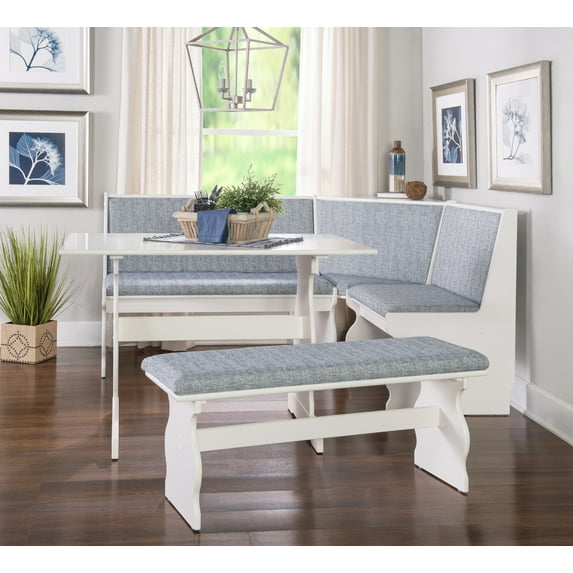 Linon Sasha Wood Corner Dining Breakfast Nook with Table, Cushions, Seats 5-6, White Table with Denim Blue Cushions