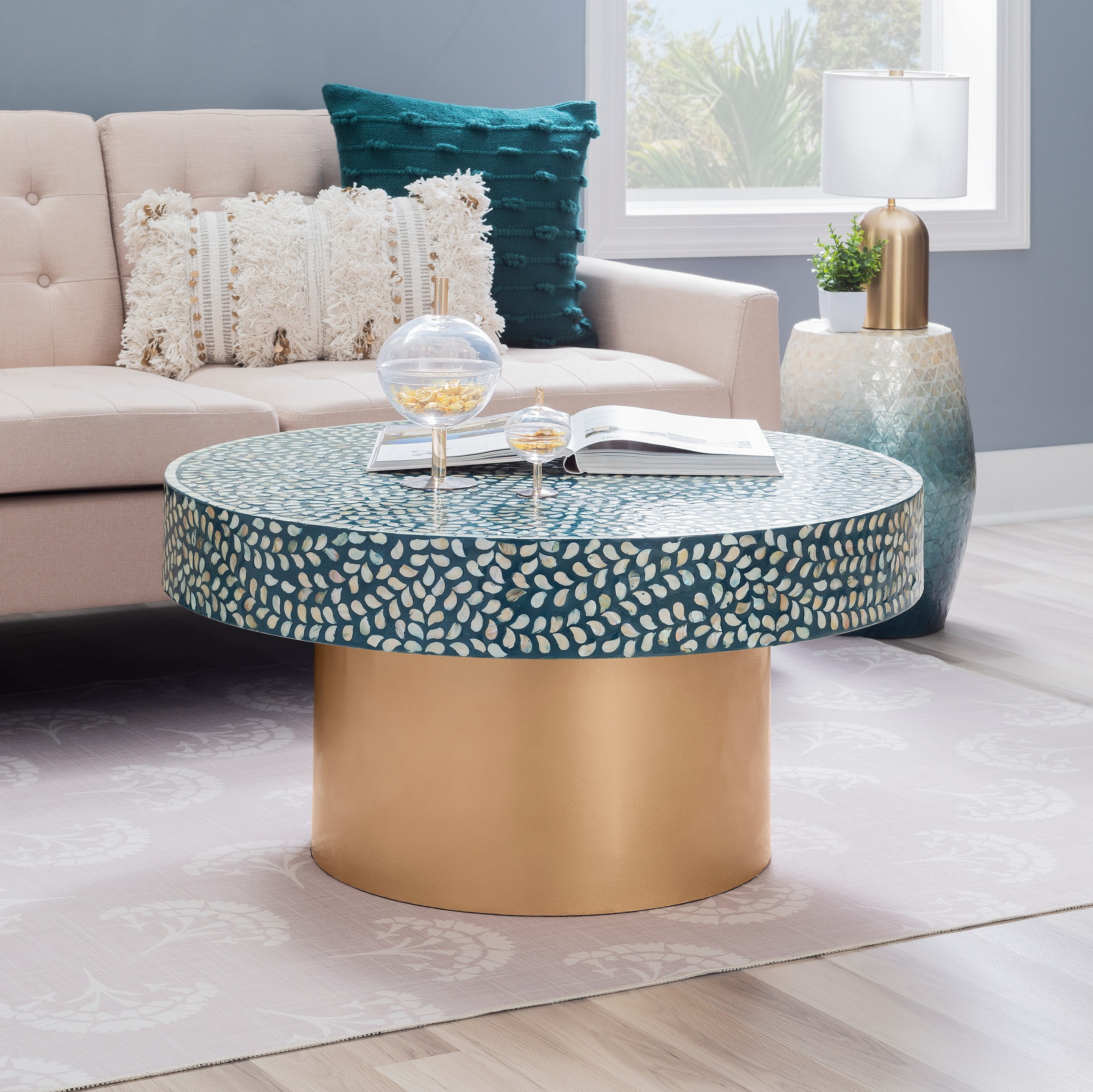 Linon Saxony Round Coffee Table, Blue Mother of Pearl - Walmart.com