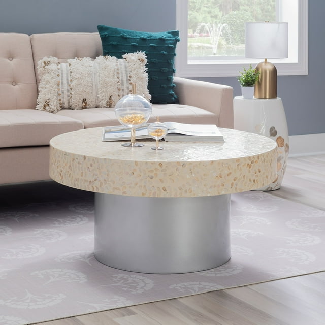 Linon Saxony Round Coffee Table, White Mother of Pearl
