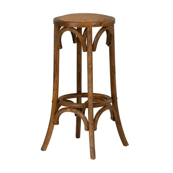 Linon Seannie 30" Round Backless Bar Stool with Rattan Seat, Walnut