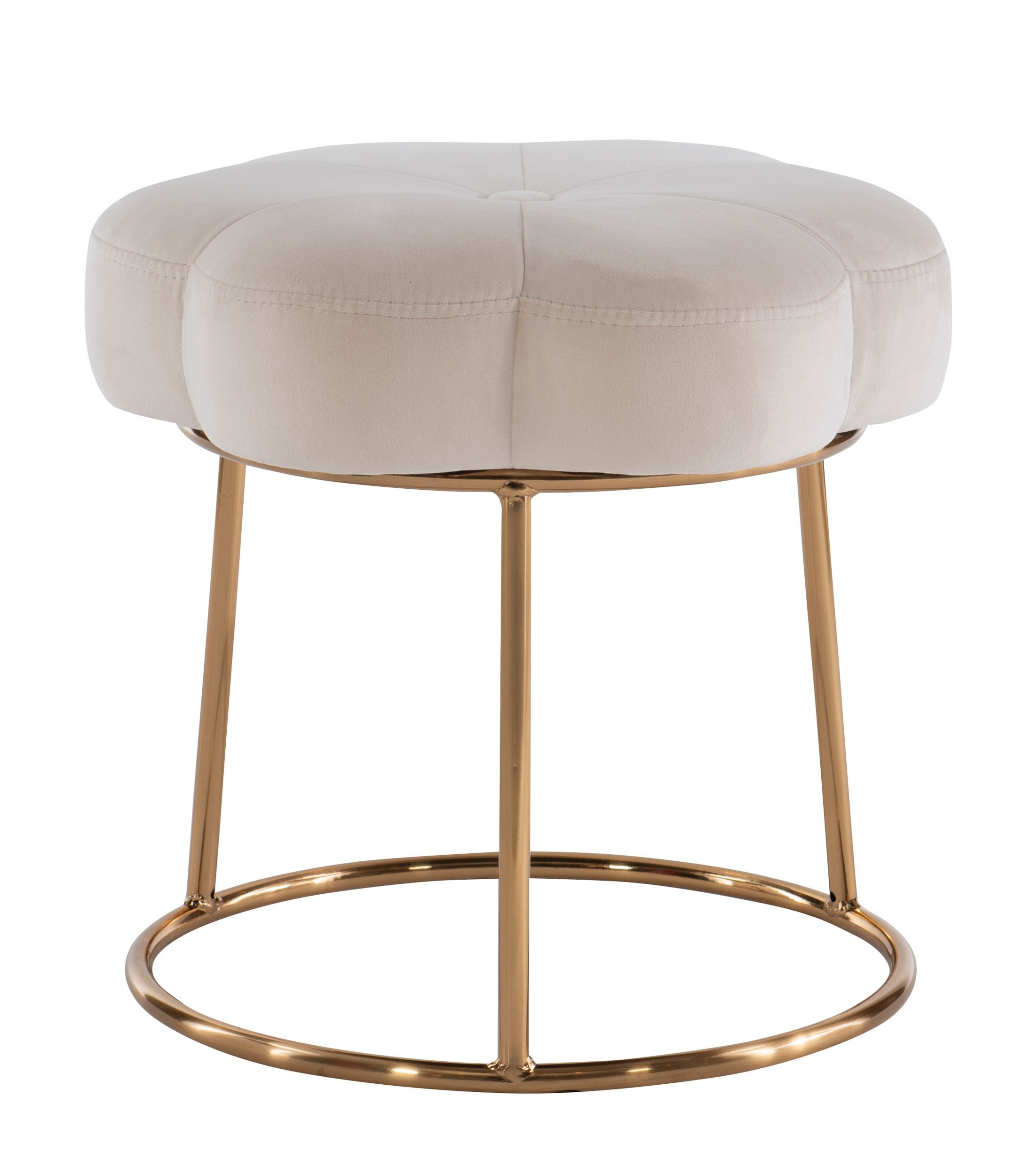 Boho Luxe White Velvet Floral Vanity Stool with Gold Base