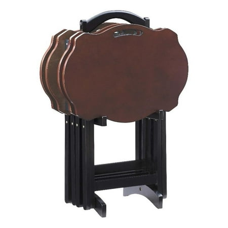 Linon Serpentine Five Piece Scalloped Edge Tray Table Set in Hazelnut/Black Wood