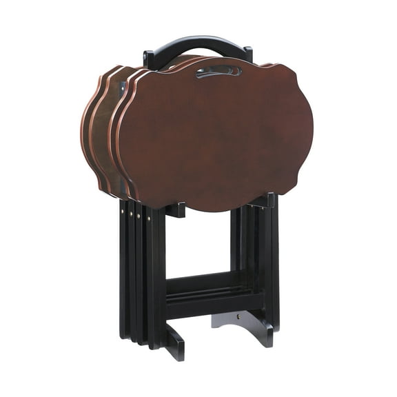 Linon Serpentine Five Piece Scalloped Edge Tray Table Set in Hazelnut/Black Wood