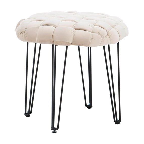 Linon Henson Round Stool Black Hairpin Legs Basketweave Seat in Cream Velvet