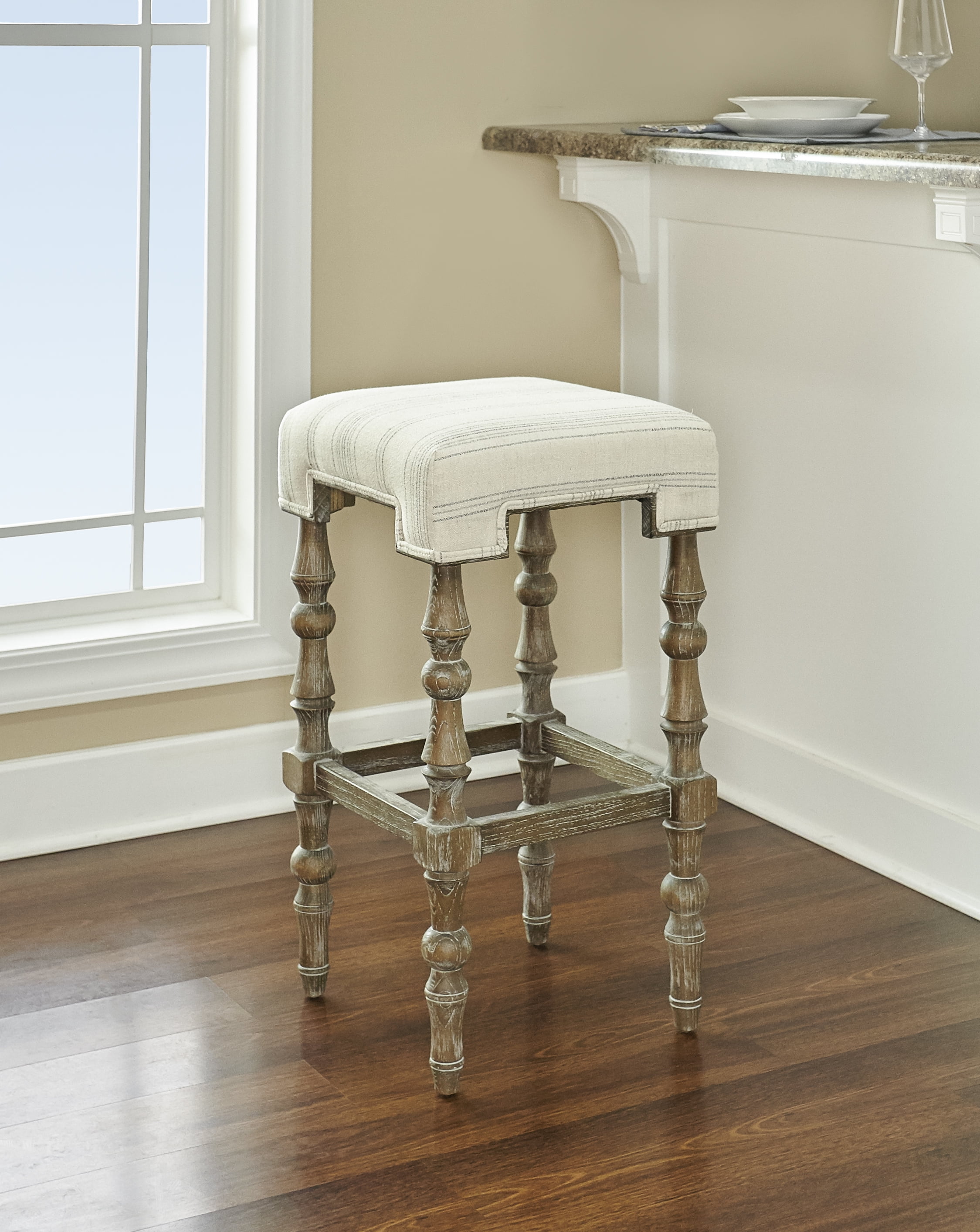 Rustic Charm Backless Barstool in Brown Finish with Geometric Seat