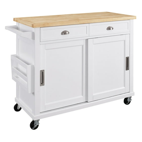 Saltoro Sherpi Wooden Kitchen Cart with Caster Wheels and 2 Drawers, White and Brown