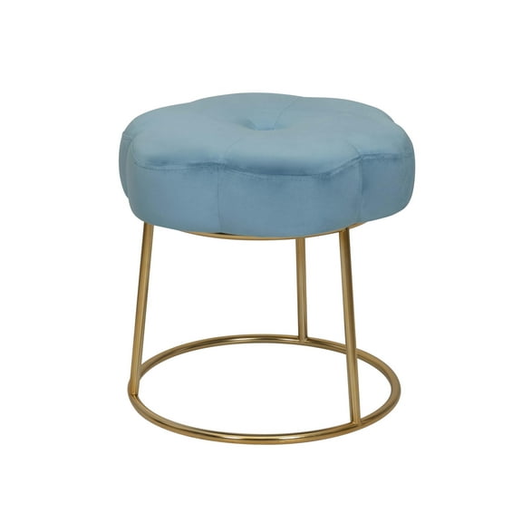 Linon Siena Gold Steel Base Upholstered Flower Shape Vanity Stool in Blue Velvet