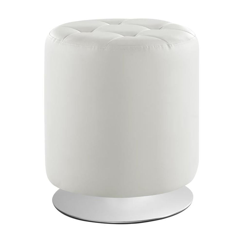 White Faux Leather Round Tufted Swivel Ottoman with Steel Base
