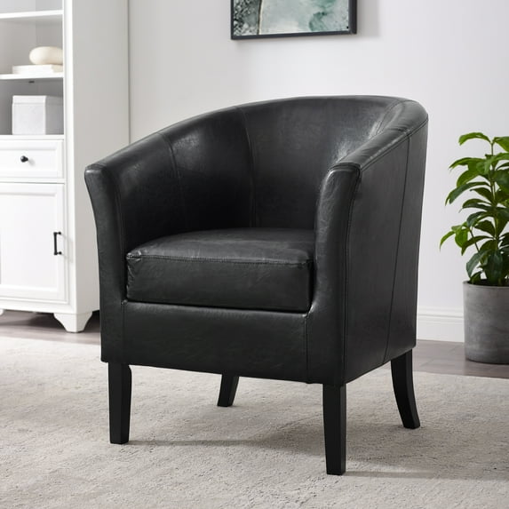 Linon Simon Upholstered Club Chair High Arms Deep Seat in Black Faux Leather