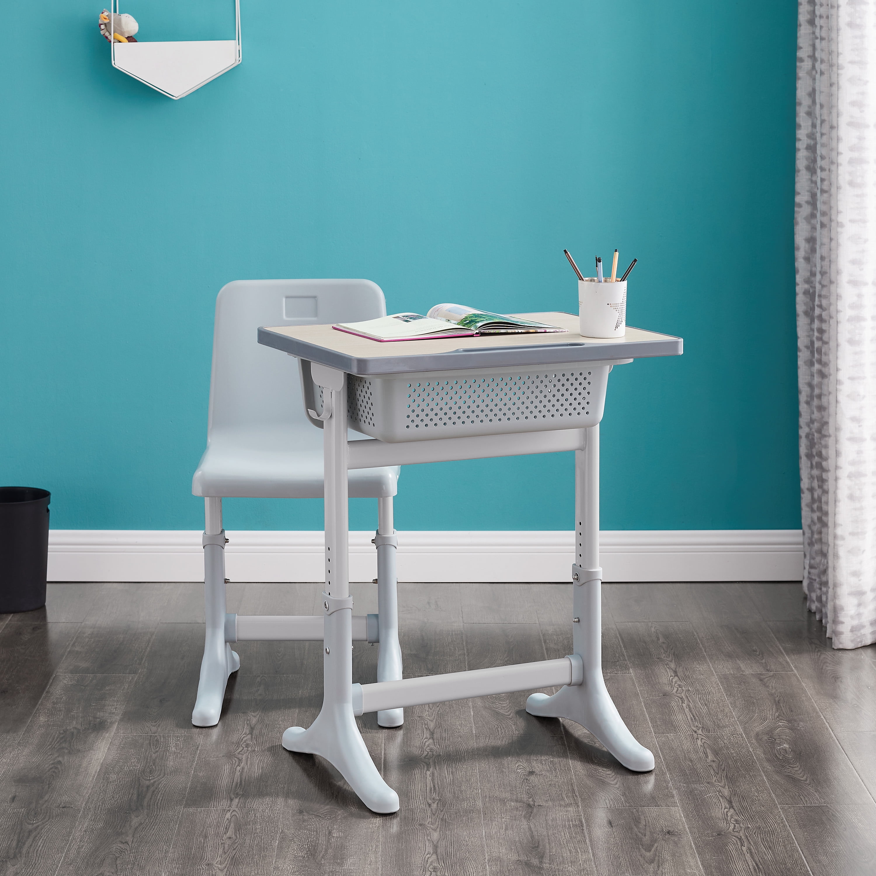 Linon Simpson Children s Adjustable Student Desk and Chair Set Gray
