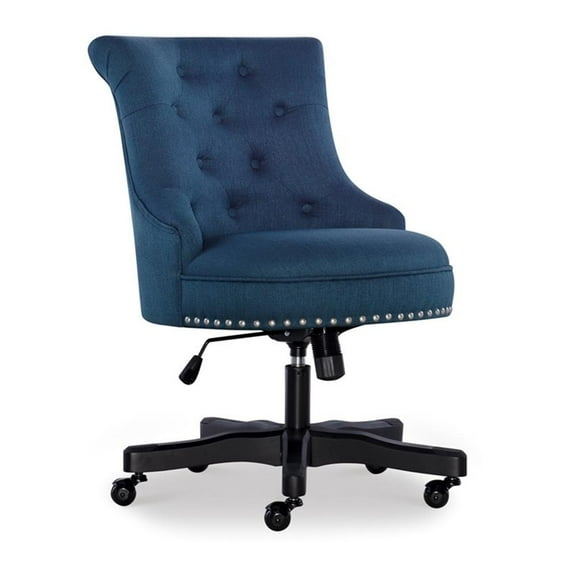 Linon Sinclair Upholstered Office Chair Black Wood Base with Wheels in Blue