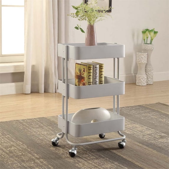 Linon Solid Metal 3-Tier Rolling Storage Cart, White Finish