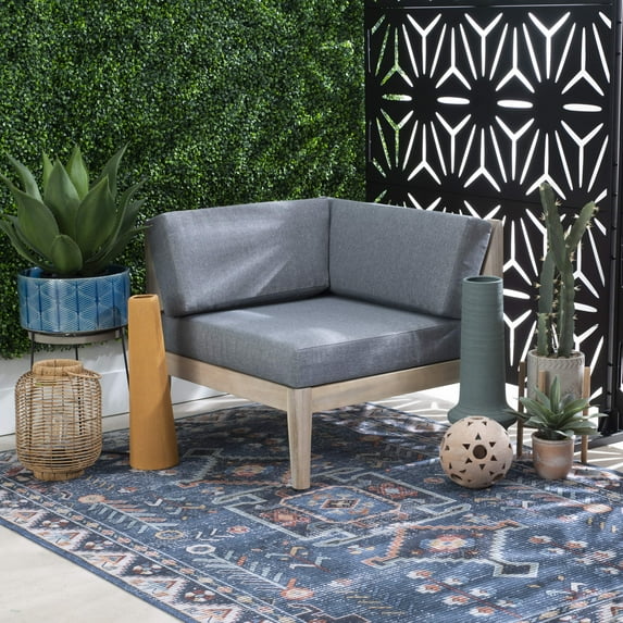 Linon Sorrell Acacia Corner Outdoor Lounge Chair with Cushions, Natural/Gray
