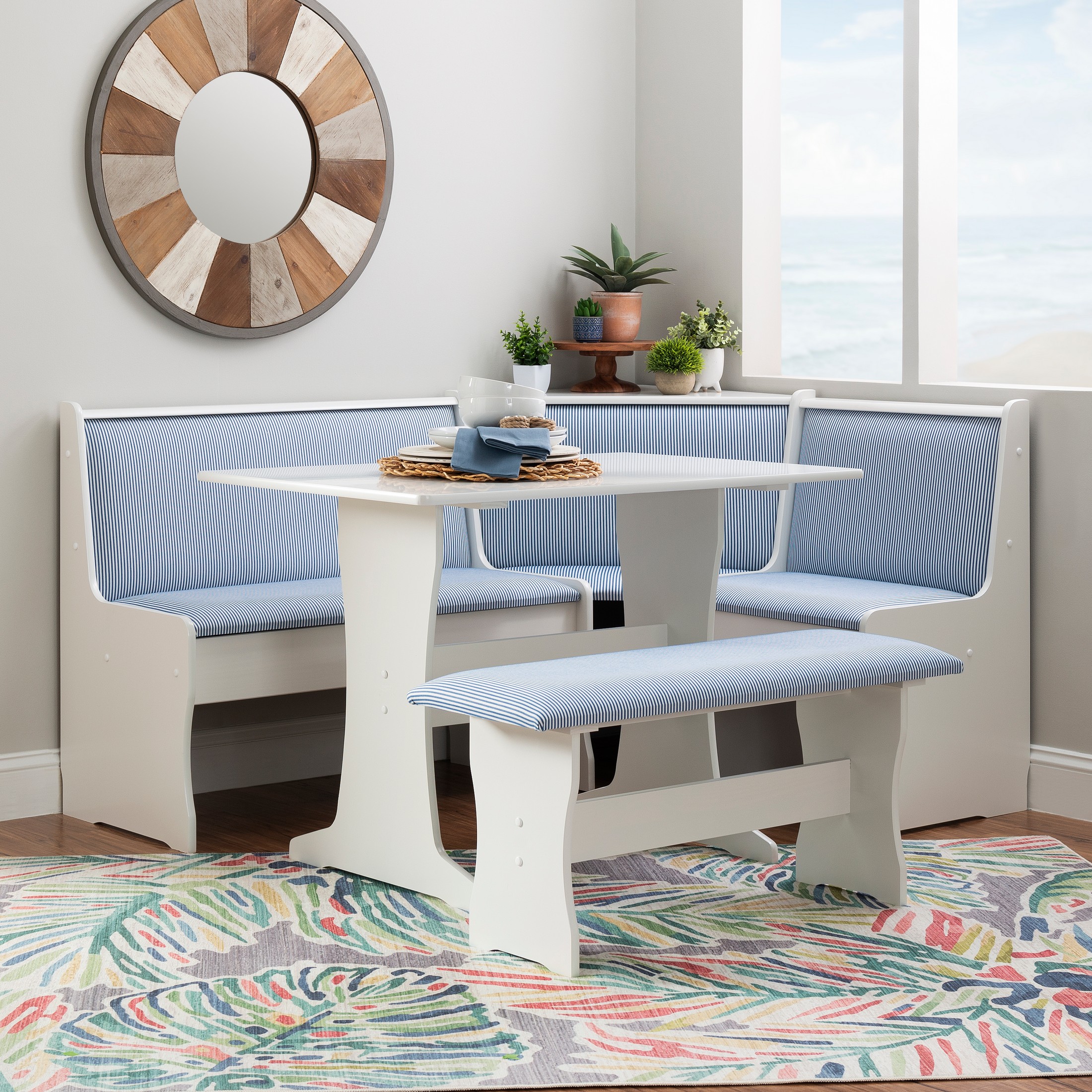 Linon Stella Corner Dining Breakfast Nook with Storage, Table and Bench, Seats 5, White with White and Striped Blue Fabric - image 1 of 28