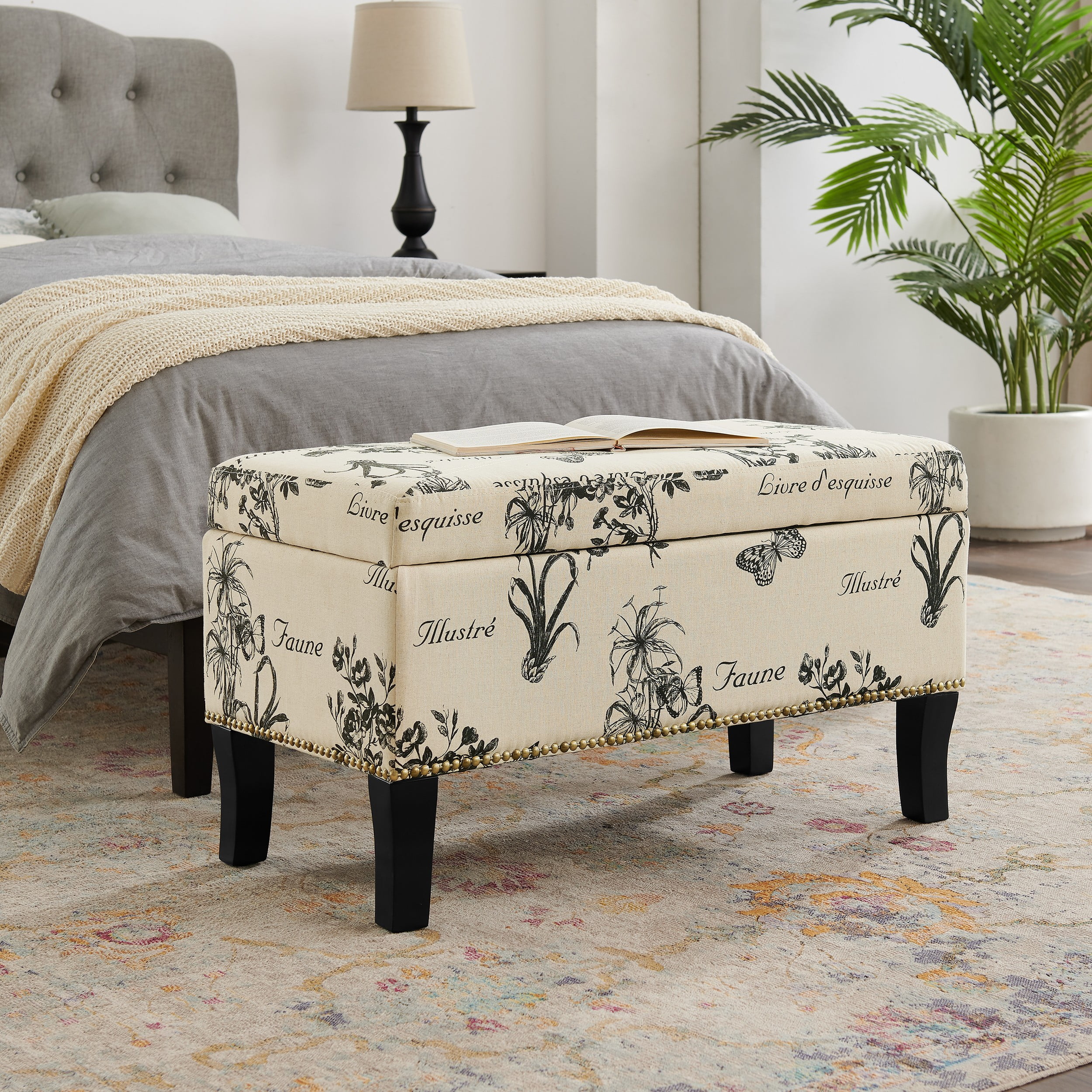 Stephanie Botanical Linen Fabric Storage Ottoman Bench, Beige