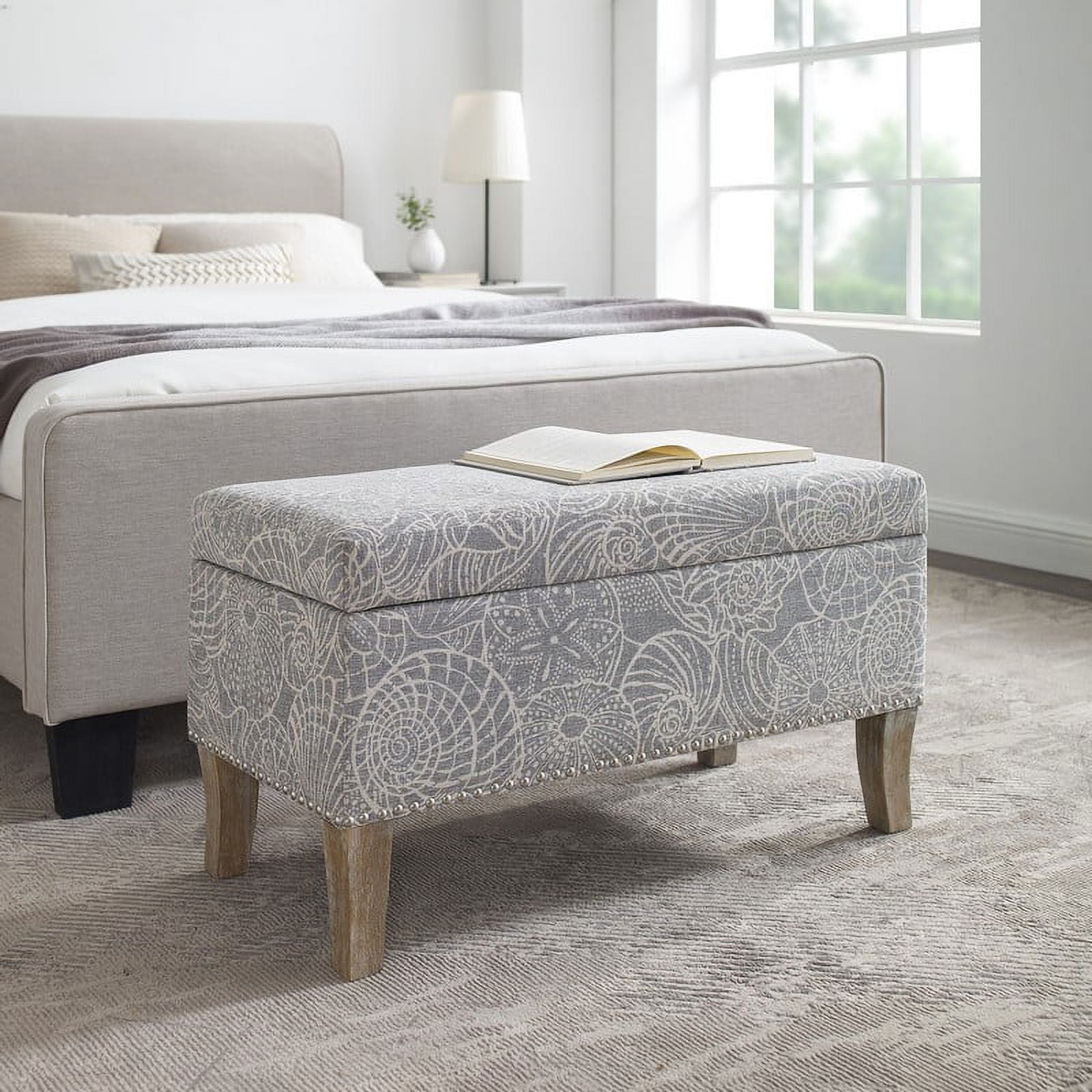 Coastal Charm Stone Gray Storage Ottoman with Seashell Pattern