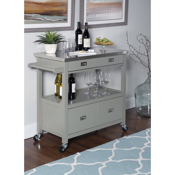 Linon Sydney Kitchen Cart, Gray, Stainless Steel Top, 4 Drawers