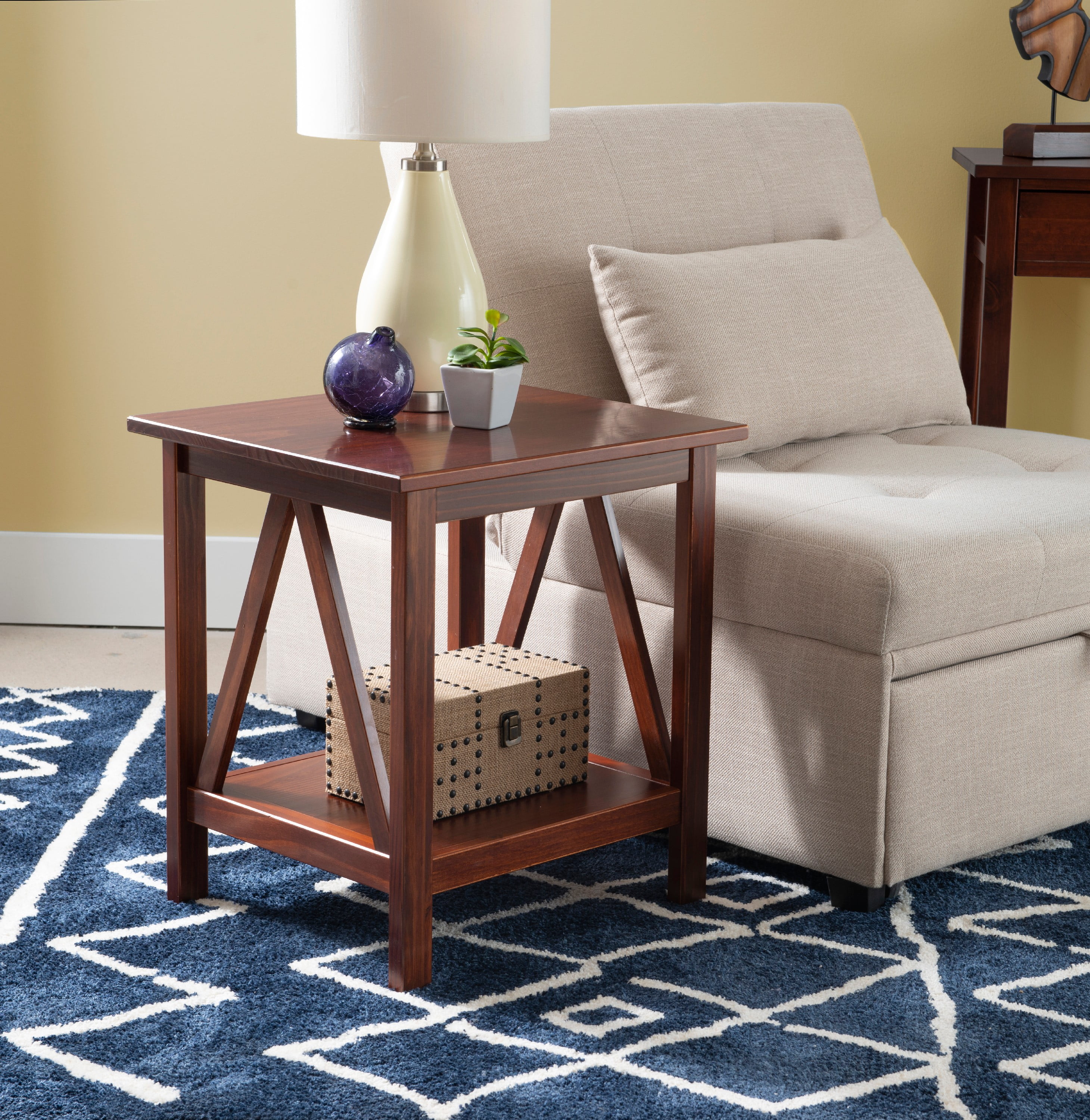 Ellotis Solid Pine Antique Tobacco Square End Table with Shelf