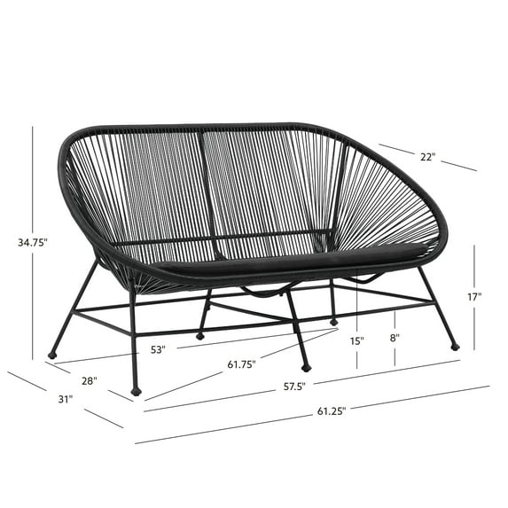 Linon Tallie Outdoor Loveseat Handwoven Wicker Roping Steel Frame in Black