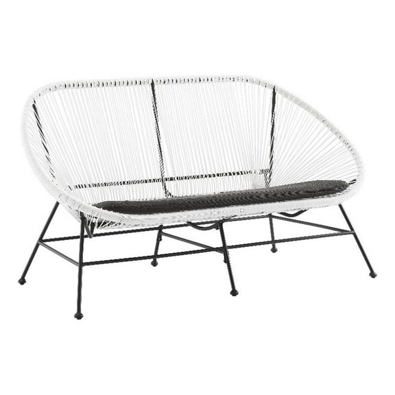 Linon Tallie Outdoor Loveseat Handwoven Wicker Roping Steel Frame in White