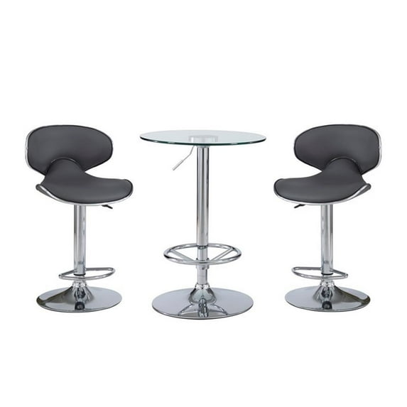 Linon Tate Chrome and Glass 3 Piece Adjustable Pub Set in Gray Faux Leather