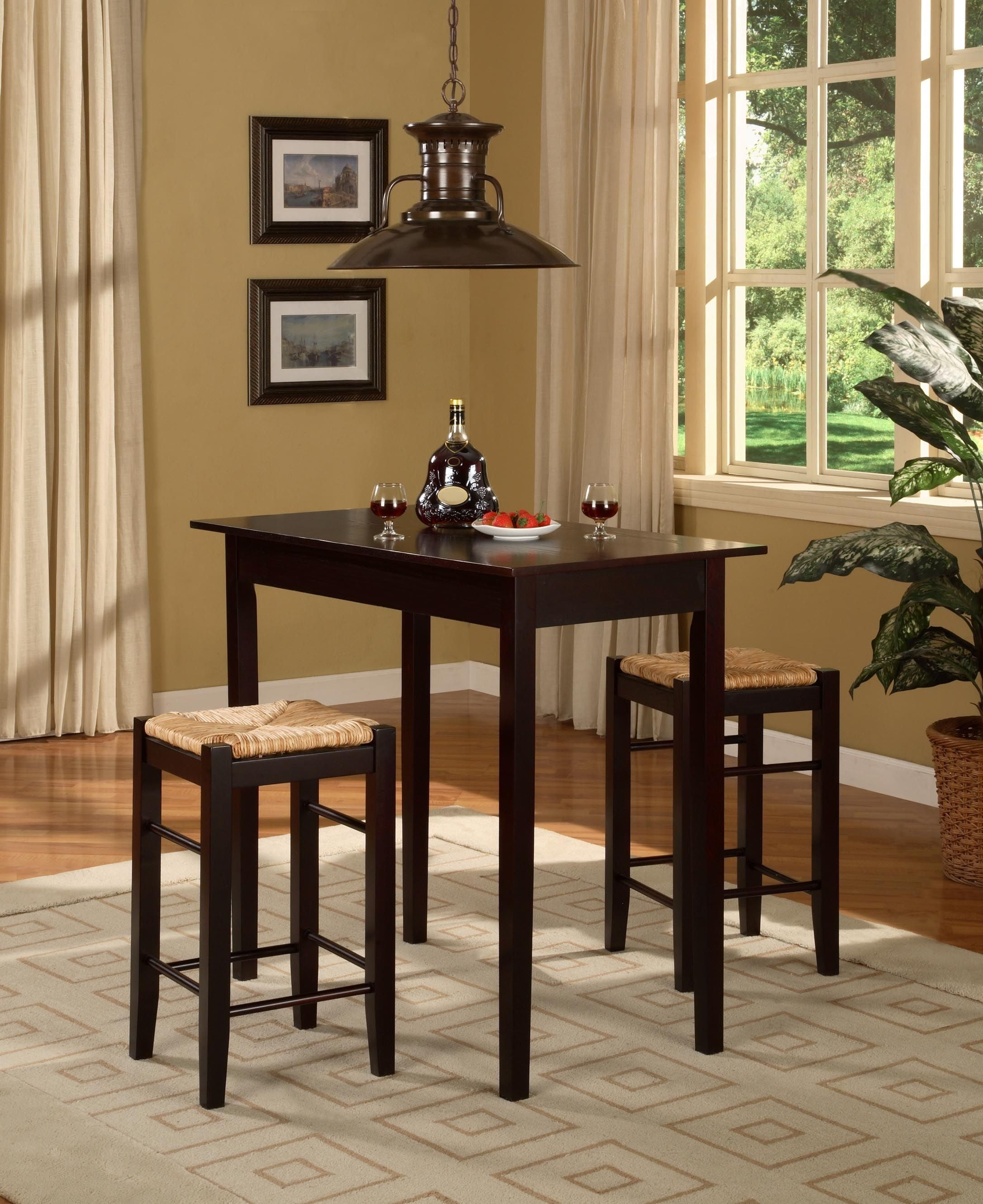 Espresso Brown Wood Counter Height Table Set with Rush Seat Stools